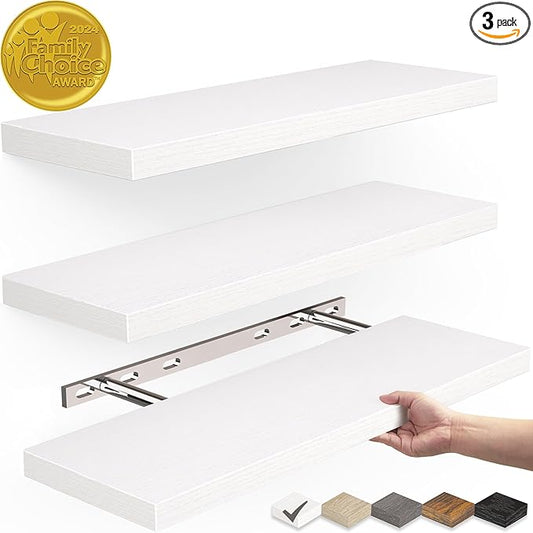 BAYKA Floating Shelves for Wall, Wall Mounted Rustic Wood Shelves for Bathroom, Bedroom, Living Room, Kitchen, Hanging Shelf for Books/Storage/Room Decor with 22lbs Capacity (White, Set of 3, 15.7in)