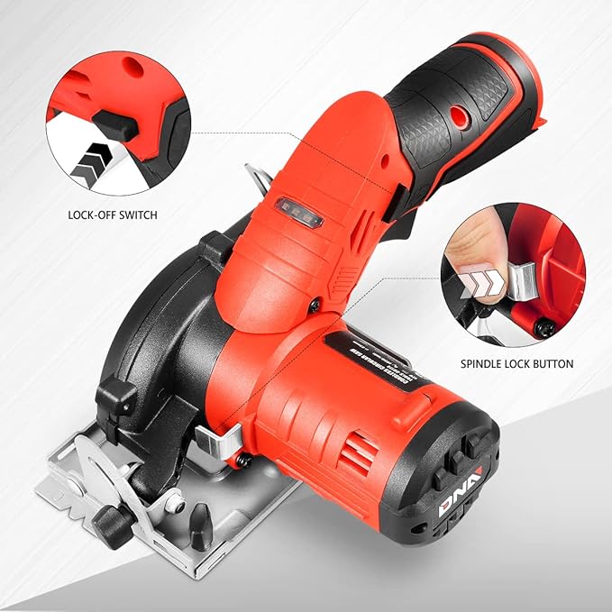 DNA MOTORING TOOLS-00174 12V Compact Cordless Circular Saw with 85mm 20T Blade and Hex Key, Adjustable Cutting Depth/Angle, Red (Tool Only)