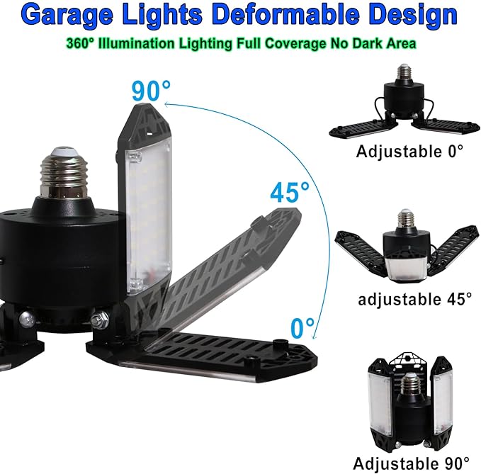 2Pack 80W LED Garage Light, 8000 Lumen Ceiling Lights with 3 Adjustable Panels, 6500K Daylight Light Bulb Fixture LED Lights for Garage, E26/E27 LED Shop Lights, Attic Workshop LED Bay Light