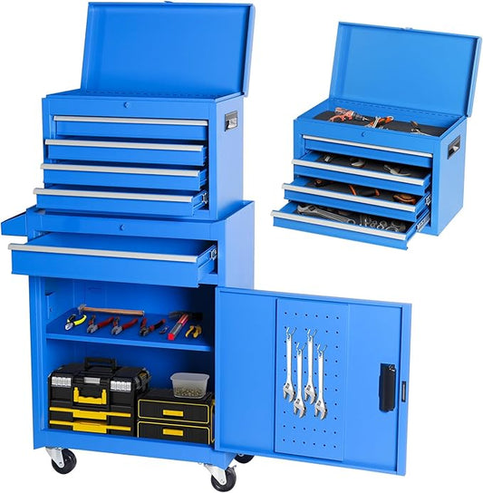 Rovibek Rolling Tool Chest, 5-Drawer Rolling Tool Box on Wheels, Metal Tool Chest with Foam Packaging, Lockable Wheels, Detachable Top Tool Box, Tool Storage Box for Garage Workshop Warehouse, Blue