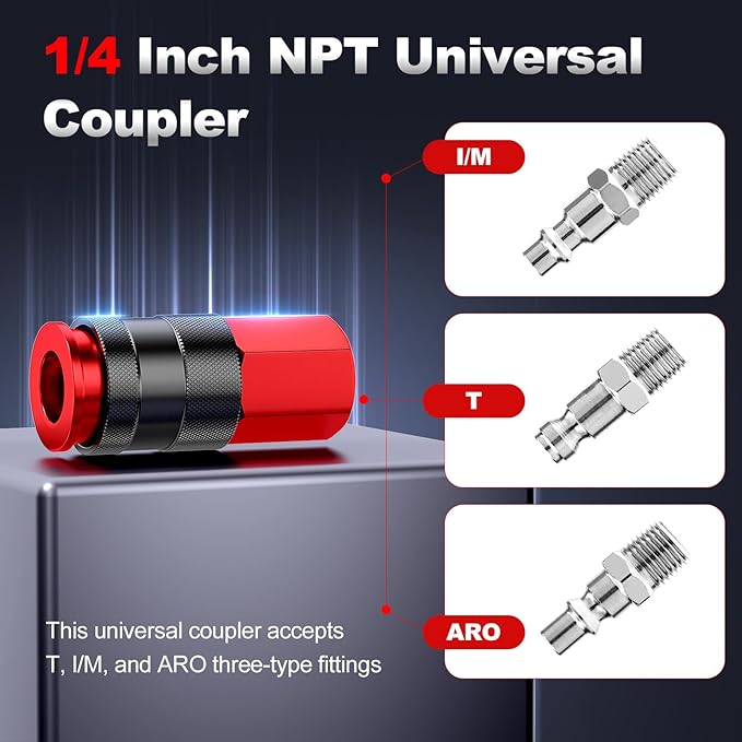 Universal Air Hose Fittings, 1/4 Inch NPT Quick Connect Air Coupler and Plug Kit, Aluminum Air Compressor Fitting Set, Industrial Pneumatic Air Tool Adapter Accessories - 14 Pieces Red