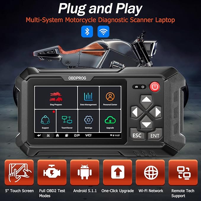 OBDPROG Moto 100 Motorcycle Scanner, Motorcycle All System Diagnostic Tool for Ducati KTM Triumph Yamaha Honda Automotive OBD Code Reader, 30+ Services Reset, Unlimited Auto VINs, 5.0 Touch Screen