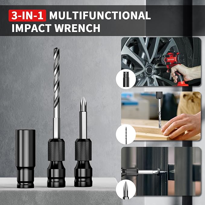 SEYVUM Cordless Impact Wrench, 1/2” Max Torque 440 Ft-lbs / 600 N.m Power Impact Gun, 20V 3000RPM Electric Impact Driver, 2 x 4.0Ah Battery, 5 Impact Sockets, 8 Dirlls & 6 Screws, Carry Bag Included
