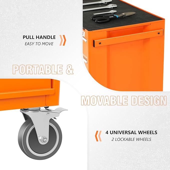 DNA MOTORING 3-Drawers Utility Rolling Tool Chest Cabinet with Wheels, Heavy Duty Industrial Service Cart Keyed Locking System, for Garage Warehouse Workshop, Orange, TOOLS-00400