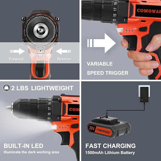 COMOWARE Home Tool Kit with Drill, 171PCS Household Tool Kit with 20V Cordless Power Drill, Home Repairing Tool Power Drill Sets with Orange Storage bag for DIY Home Maintenance