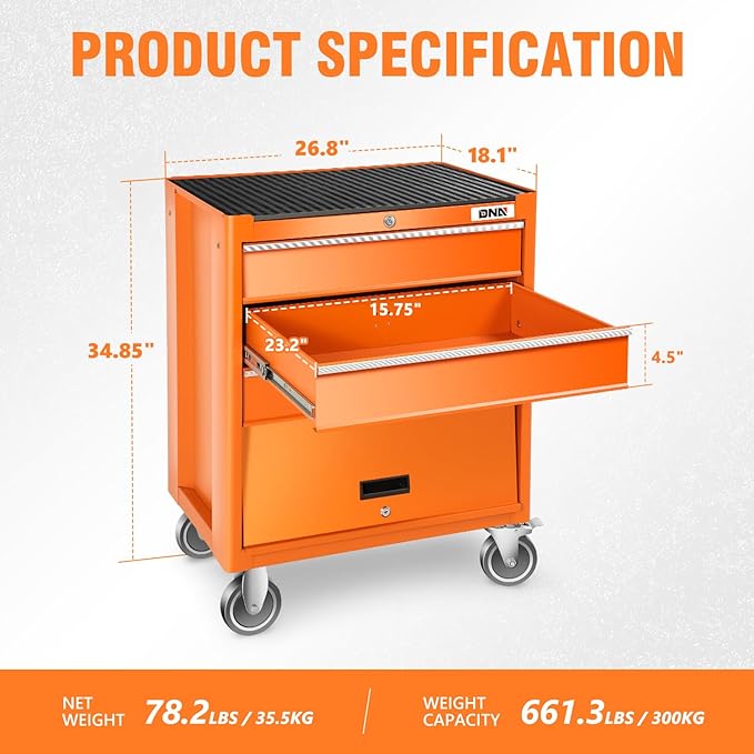 DNA MOTORING 3-Drawers Utility Rolling Tool Chest Cabinet with Wheels, Heavy Duty Industrial Service Cart Keyed Locking System, for Garage Warehouse Workshop, Orange, TOOLS-00400
