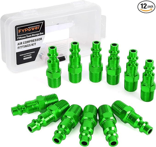 Air Hose Fittings, 12 Pieces I/M Industrial Type Air Plugs with 1/4" NPT Male Threads, Green
