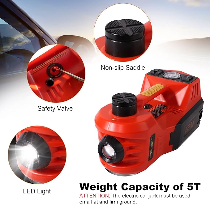 Electric Car Jack Kit, 5 Ton Hydraulic Car Jack with Inflator Pump, 12V Portable Car Jack with LED Light for SUV MPV Sedan, Lifting Range 6 to 17.7 Inch (Red)