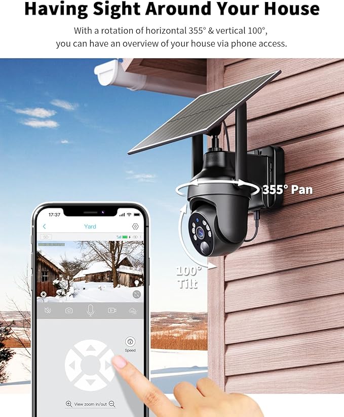 4G LTE Cellular Security Camera with Built-in SIM Card, Unlimited Data Plan, 2K Live Video, Solar No WiFi Security Cam Outdoor 360° Full View, Color Night Vision, Motion Alert, Remote Access