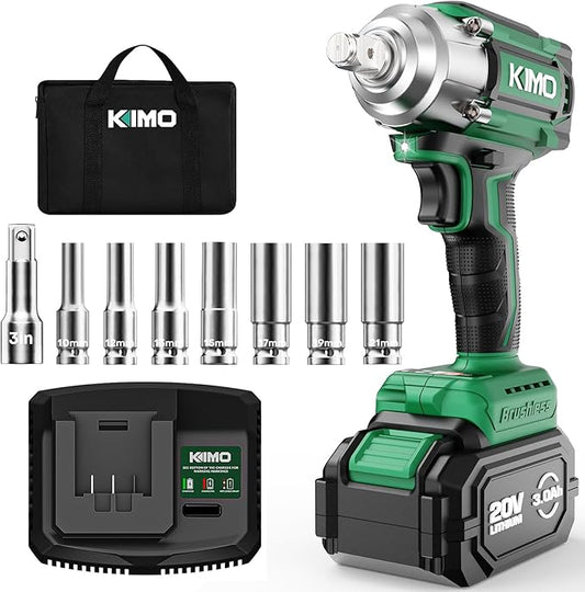 KIMO Cordless Impact Wrench, 550N.m/406ft-lbs, 7Sockets,3Inch Extension Bar, High Torque Impact Brushless Wrench with 3/8" Chuck, 3000 RPM, 3000mAh Li-ion Battery, Charger, Power Impact Wrench for Car