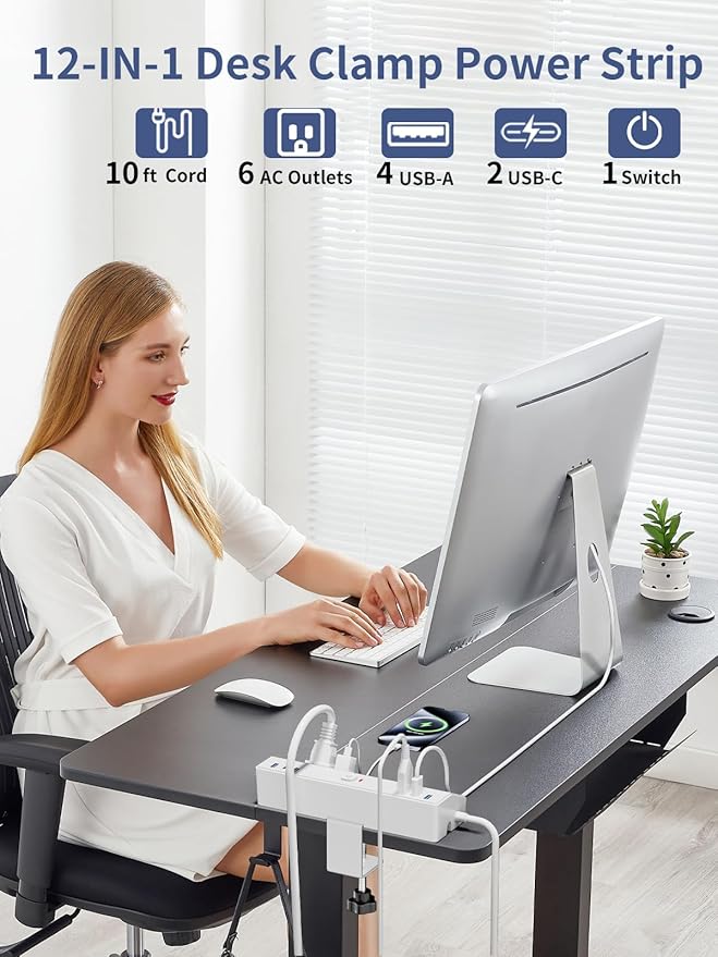 Desk Clamp Power Strip, 40W Fast Charging Station, Desktop Mount Surge Protect with 6 Outlets 6USB Ports (2USB C), Removable Power Strip Fits 1.8" Tabletop Edge, 10Ft Extension Cord for Home Office