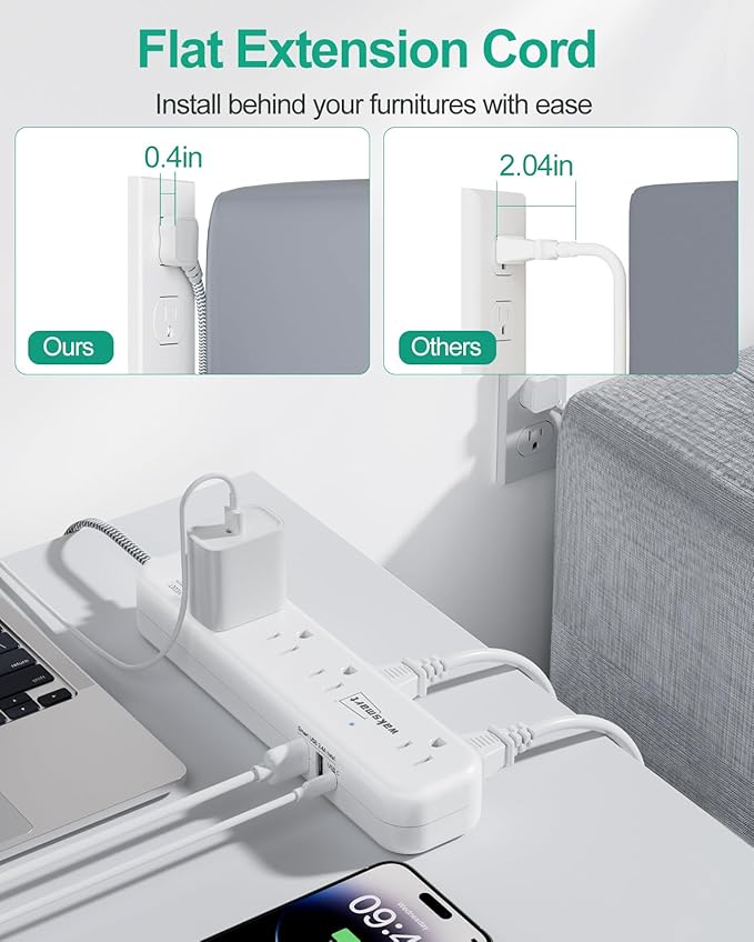 Surge Protector Power Strip - 5 FT Flat Extension Cord with Multiple Outlets Ultra Thin Flat Plug, 8 AC Outlets 3 USB Fast Charging (5V/3.4A 17W) 1080 Joules Wall Mount for Home Office College Dorm