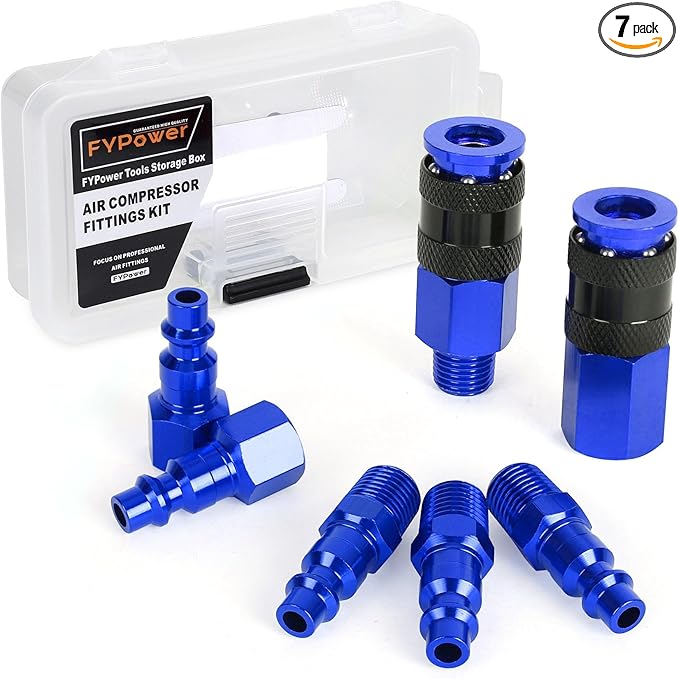 Air Hose Fittings, 7 Pieces 1/4" NPT Aluminum AMT Universal Air Couplers and I/M Industrial Type Air Plugs Kit, Blue