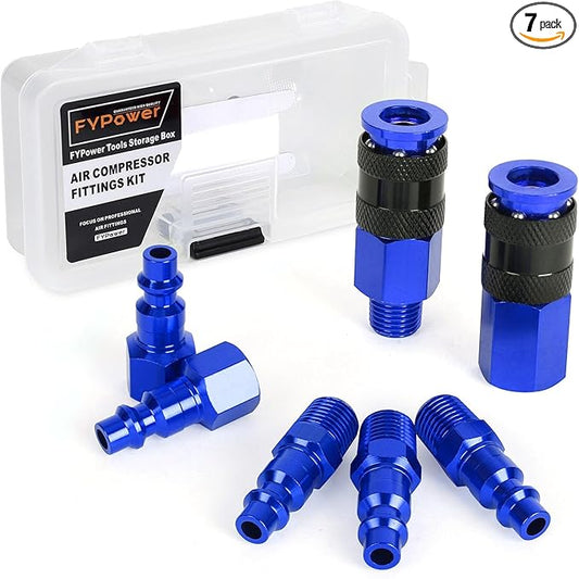 Air Hose Fittings, 7 Pieces 1/4" NPT Aluminum AMT Universal Air Couplers and I/M Industrial Type Air Plugs Kit, Blue