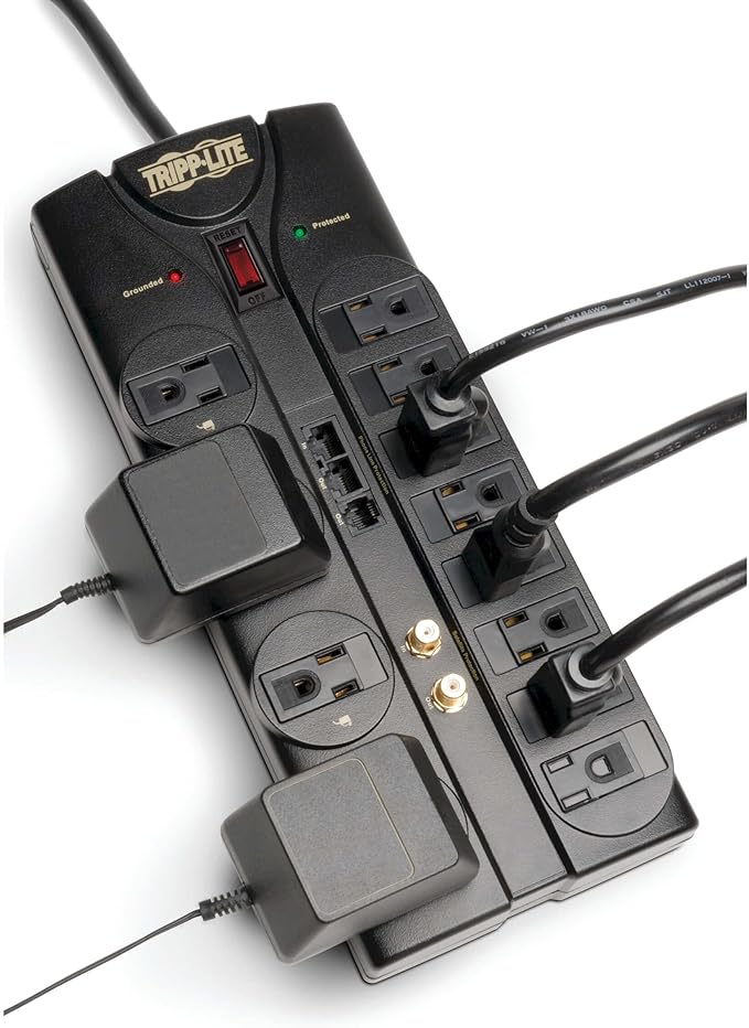 Tripp Lite 12 Outlet Surge Protector Power Strip, 8ft Cord, Right-Angle Plug, Tel/Modem/Coax/Ethernet Protection, RJ11, RJ45, & $250,000 INSURANCE (TLP1208SAT) Black