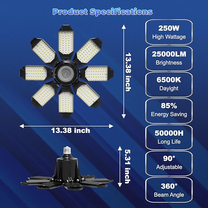 Garage Lights - Super Bright 25000LM Garage Lights Ceiling Led w/ 8 Deformable Panels 6500K Led Light Bulb Srew in E26/E27 Socket with Adjustable Center Spotlight for Barn Workshop Attic