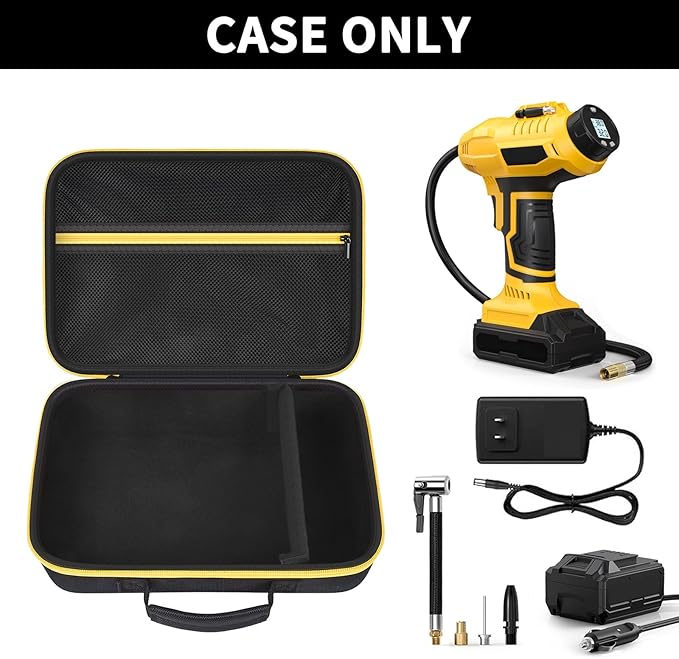 GWCASE Hard Storage Travel Case Compatible with Tire Inflator Portable Air Compressor 20V and 12V Car Power Adapter. Mesh Pocket for Accessories, Built-in Dividers, Black（Bag Only）