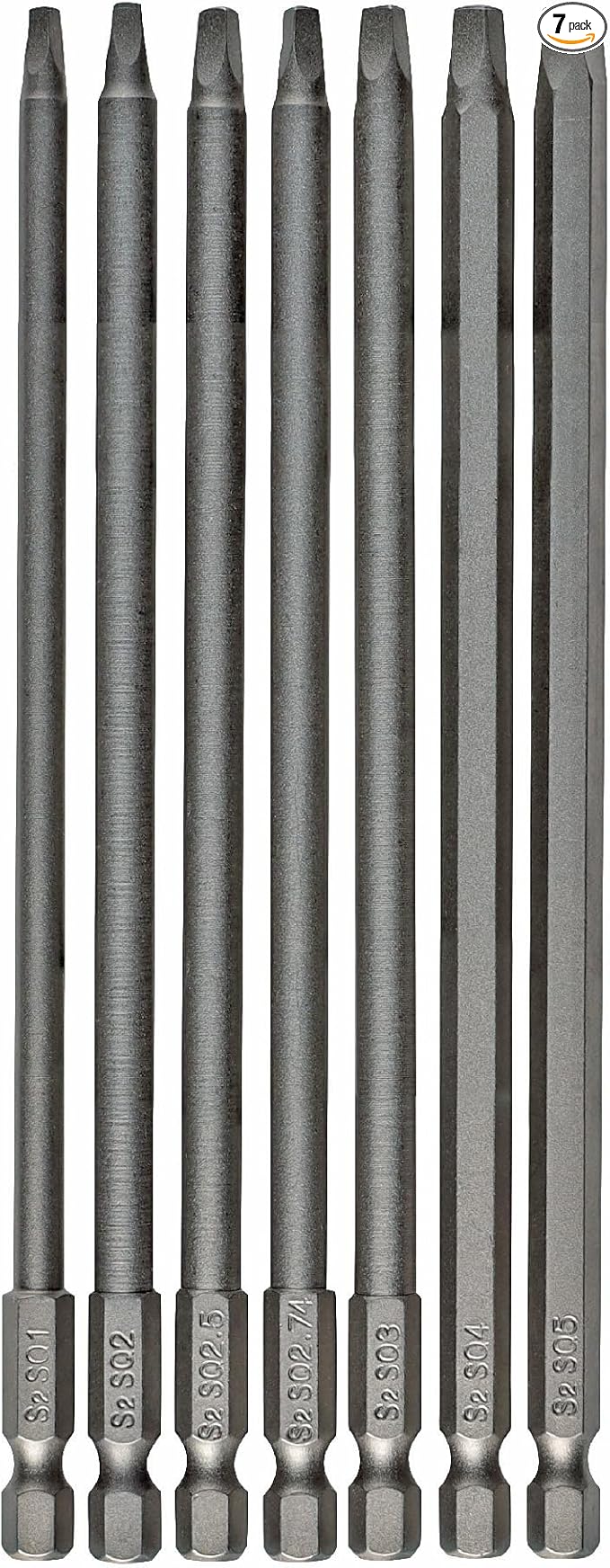 Square Head Screwdriver Bit Set 7PCS SQ1 SQ2 SQ2.5 SQ2.74 SQ3 SQ4 SQ5 1/4 Inch Hex Shank 6 Inch/150 mm S2 Steel with Magnetic for Power Screwdriver Drill Impact Driver