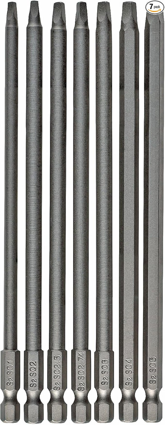 Square Head Screwdriver Bit Set 7PCS SQ1 SQ2 SQ2.5 SQ2.74 SQ3 SQ4 SQ5 1/4 Inch Hex Shank 6 Inch/150 mm S2 Steel with Magnetic for Power Screwdriver Drill Impact Driver