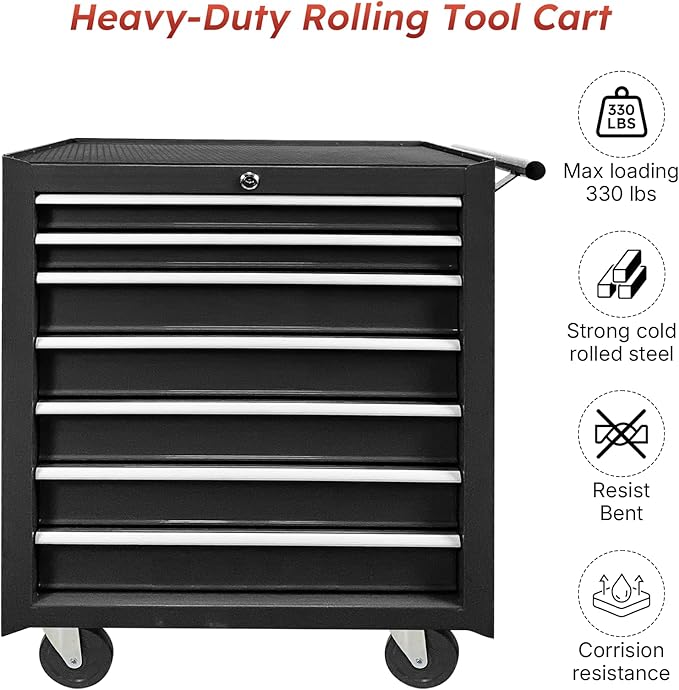 Rovibek 7-Drawer Rolling Tool Chest, Lockable Tool Box with 360° Wheels, Ball-Bearing Slides, Large Capacity Metal Tool Storage Cabinet for Office Home Garage Workshop Warehouse, Black