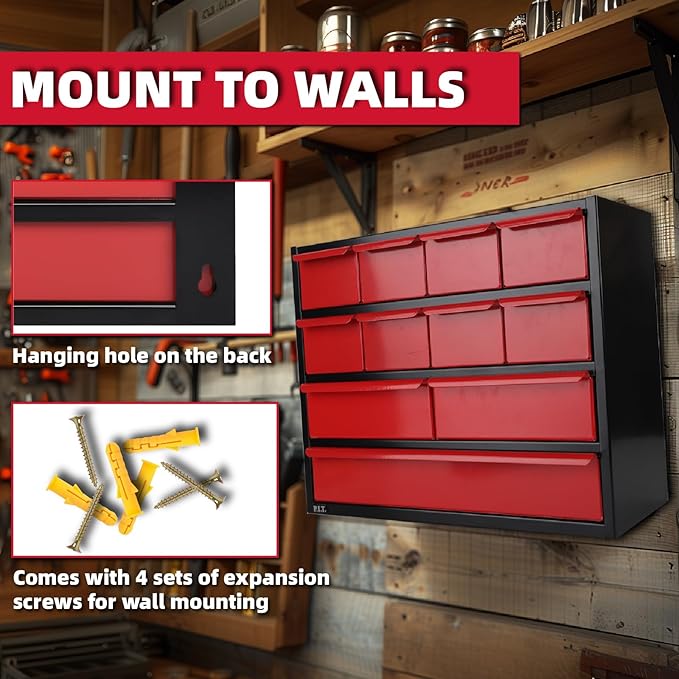 P.I.T. Organiser Stackable 11 Drawer, Metal Tool Chest, Steel Tool Box with 4 Sets of Expansion Screws for Wall Mounting.Cabinet for Tool, Screw, Nuts, Bolts Organizers and Storage