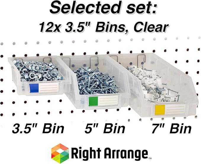 Pegboard Bins - 12 Pack Clear - Hooks to Any Peg Board - Organize Hardware, Accessories, Attachments, Workbench, Garage Storage, Craft Room, Tool Shed, Hobby Supplies, Small Parts