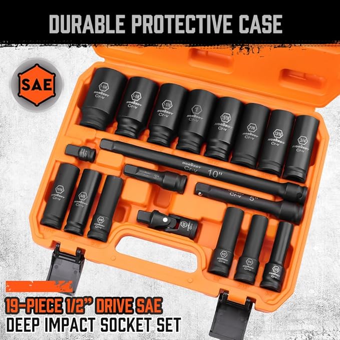 HORUSDY 19-Piece 1/2 Impact Socket Set | SAE (3/8-Inch to 1-1/14") | 6 Point Impact Socket Set 1/2 Drive with Case | Cr-V Steel | 3", 5", and 10" Impact Extension Bars