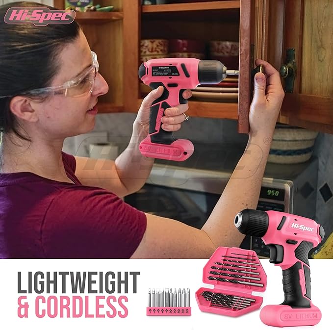 Hi-Spec Drill Set 58pc Pink Tool Set 8V USB Electric Drill Driver & Household Tool Kit. DIY Cordless Power Screwdriver