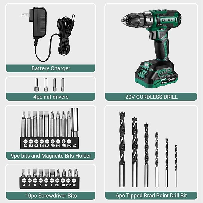 Power Drill Cordless: DEKO PRO Cordless Drill 20V Electric Power Drill Set Tool for Women Drills Cordless with Battery and Charger Drill Driver 20 Volt Drill Driver Kit Green