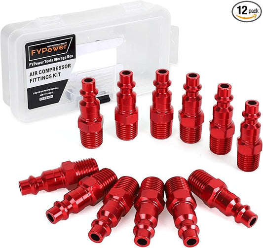 Air Hose Fittings, 12 Pieces I/M Industrial Type Air Plugs with 1/4" NPT Male Threads, Red