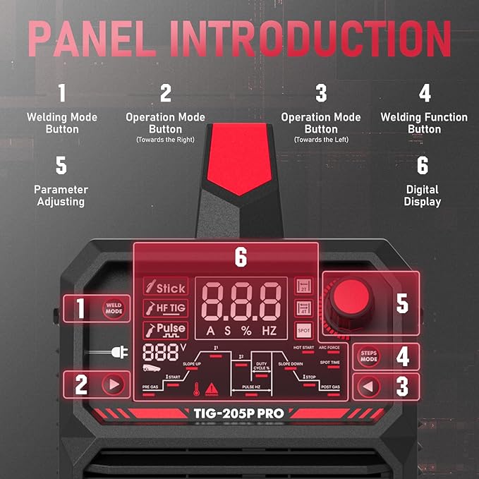 YESWELDER TIG Welder With Pulse 205Amp Large LED Display, STICK/DC TIG/PULSE TIG 3 In 1, 110&220V Dual Voltage TIG Welding Machine TIG-205P