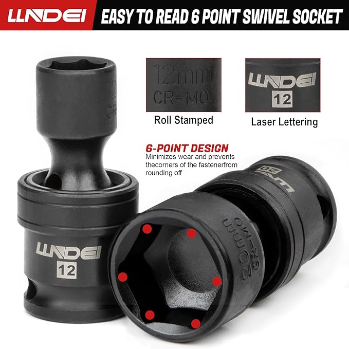 LLNDEI 3/8" Drive Universal Impact Socket Set, 19 Pieces CR-MO Swivel Socket Set, Metric(8-22mm) Wobble Sockets 6 Point with Extension Bars, Adapter and Black Organizer