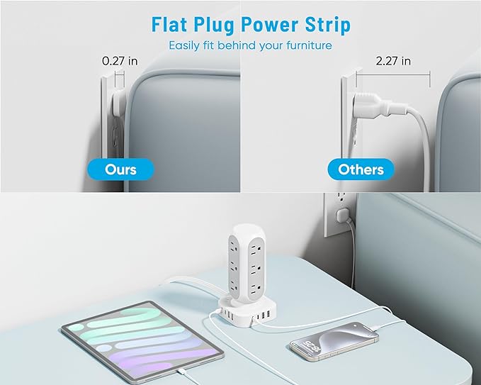 65W Fast Charging Station, Flat Plug Power Strip Tower with 12 AC Outlets & 8 USB Ports (2 PD USB-C Ports), 10FT Extension Cord, Compatible for MacBook Pro, iPhone Series.