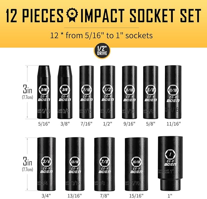 BOEN 1/2" Drive SAE Deep Impact Socket Set, 12 Piece Cr-V Steel Socket Set SAE Size 5/16" to 1", Black Phosphate Coating, 6 Point Design, Meets ANSI Standards