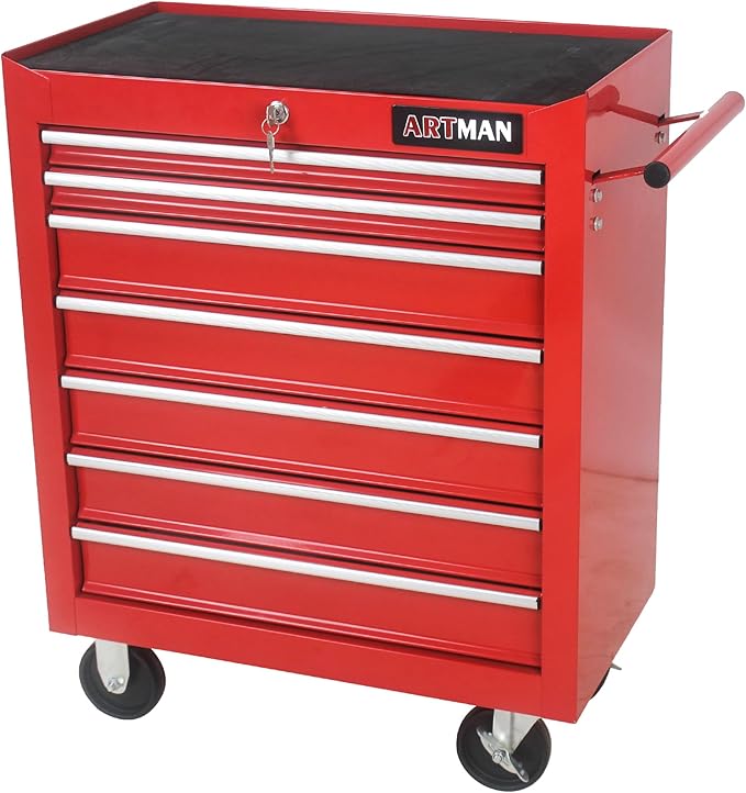 Rolling Tool Chest Metal Tool Box with Wheels Tool Cabinet Craftsman Tool Cart on Wheels Tool Box Portable Tool Box with Wheels 7 Drawers Multifunctional Tool Cart with Wheels, Red