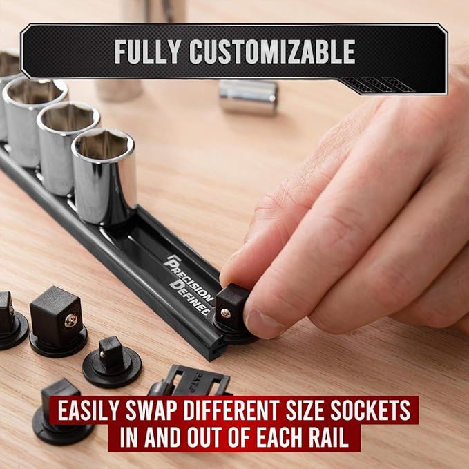 Precision Defined Aluminum Tool Socket Holder | Black, Single 3/8-Inch Socket Organizer x 16 Clips | Heavy Duty Socket Rails Organizer, Socket Storage, Socket Tray 360 Rotation