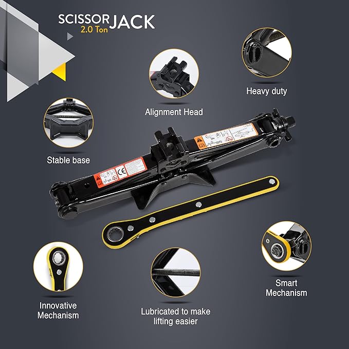 Scissor Jack for Car - 2.0 Ton (4,400 lbs) | Car Jack Kit - Tire Jack | Portable, Ideal for SUV and Auto - Smart Mechanism with Ratchet | Heavy Duty Material