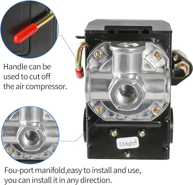 Air Compressor Pressure Switch Replacement LF10-4H with 95-125 PSI Range and 20A Rating, 4-Port