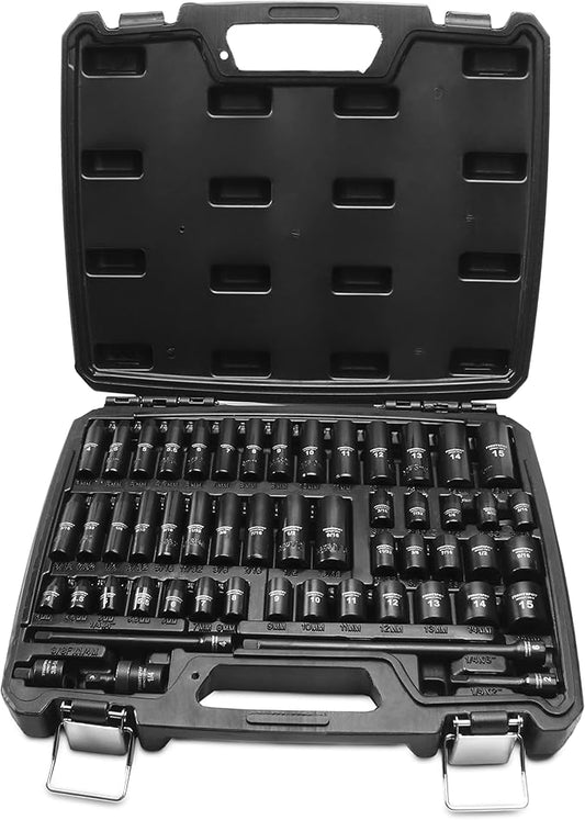 TIGHTSPOT 1/4" Drive 53pc Impact Socket PRO SET, our Most Popular Set Ever with SAE & Metric from 3/16 Inch - 9/16 Inch, 4mm-15mm, Standard/Deep Sockets, Extension Bars, Adapter & More