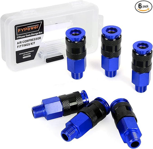 Air Hose Fittings, 6 Pieces AMT Universal Air Couplers with 1/4" NPT Male Threads, Blue