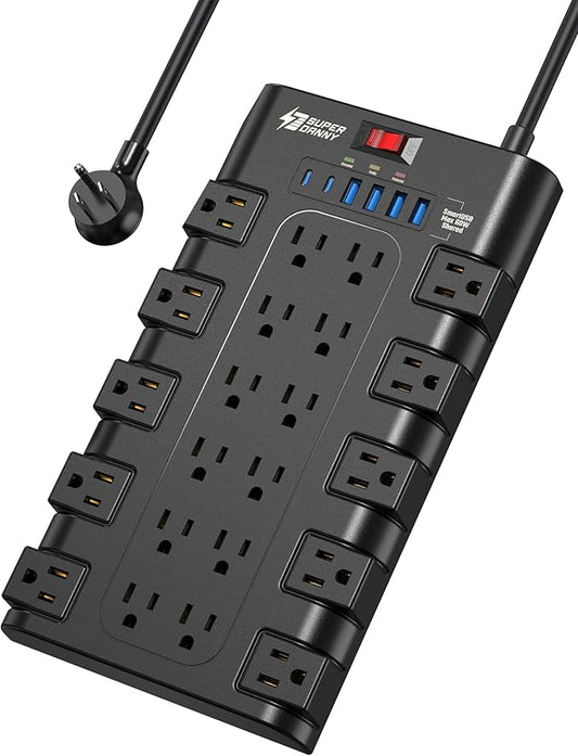 Power Strip, SUPERDANNY Surge Protector with 22 AC Outlets with 2 45W Fast Charging USB-C, 4 USB-A, 1875W/15A, 2100 Joules,6.5Ft Flat Plug Extension Cord for for Home, Office, Dorm, Gaming Room, Black
