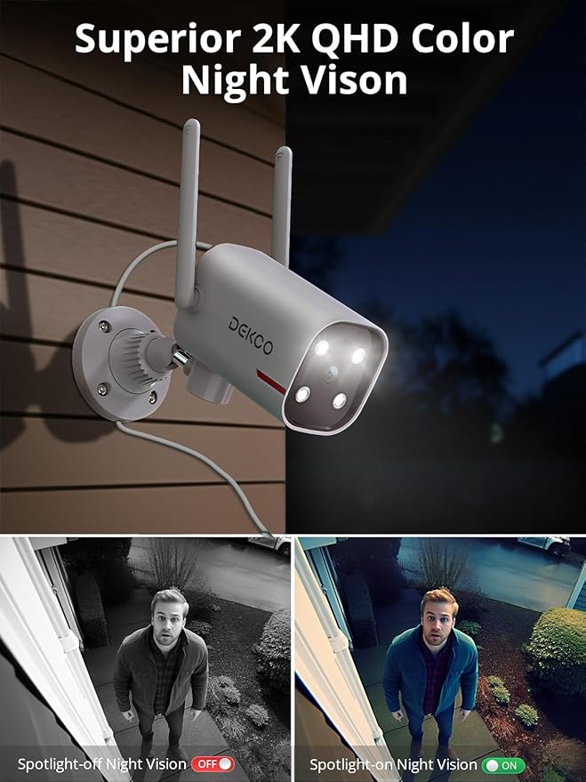 DEKCO WiFi Camera 2K Pan Rotating 180° Wired Outdoor Security Cameras with Color Night Vision, Support 24/7 Recording, 2.4&5G WiFi, AI Human Auto Tracking, Work with Alexa/Google Assistant (1 Pack)