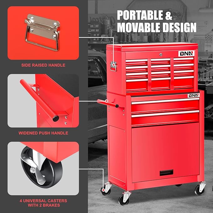 DNA MOTORING TOOLS-00265 2 Pcs Combination Tool Rolling Cabinet 2-in-1 Detachable Toolbox Organizer Chest High Capacity Storage with Locking System, Red