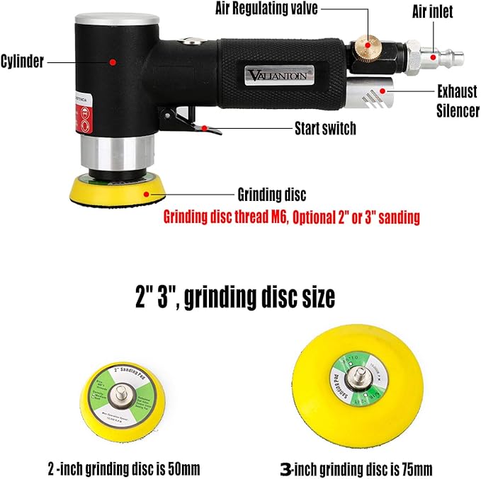 Valianto 2" 3" Mini Air Sander, Pneumatic Sander Random Orbital Eccentric Dual Action Polisher with M6 Thread Plate (2" and 3"),- Adjustable Airflow Valve - US Connector