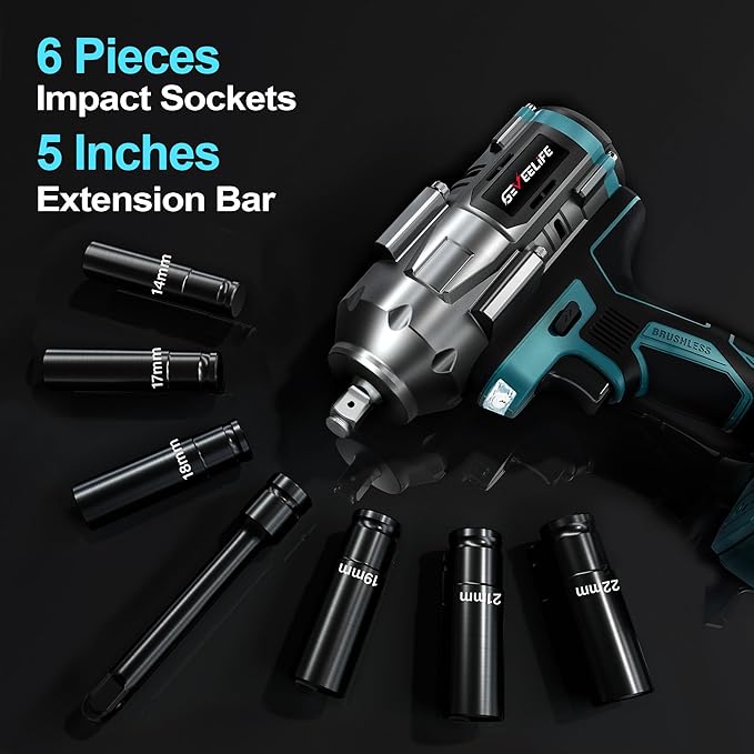 1000N.m (738Ft-lbs) Brushless Impact Wrench, 1/2" Cordless Impact Gun w/ 2x 5.0Ah Battery, Fast Charger & 6 Sockets, 3800RPM Electric Impact Driver for Truck Car/Home DIY/Industry