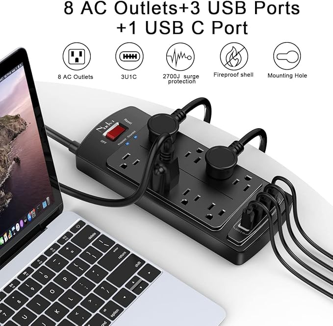 Surge Protector Power Strip - Nuetsa Flat Plug Extension Cord with 8 Outlets and 4 USB Ports, 15 Feet Power Cord (1625W/13A), 2700 Joules, ETL Listed, Black