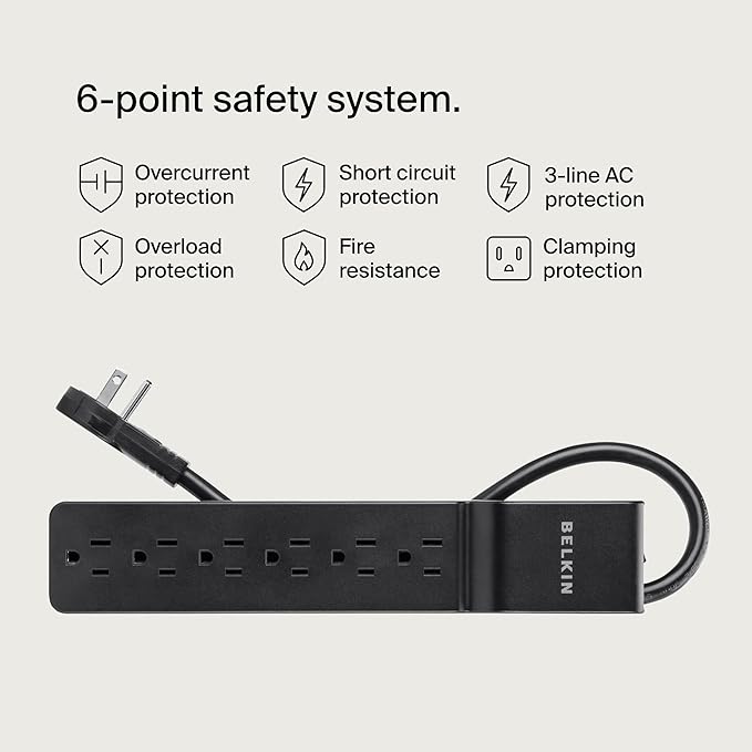 Belkin Surge Protector Power Strip with 6 AC Outlets, 6ft/1.8M Long Heavy-Duty Extension Cord, & 360-Degree Rotating AC Plug for Conference Rooms, Computer Desktops, & More - 600 Joules of Protection