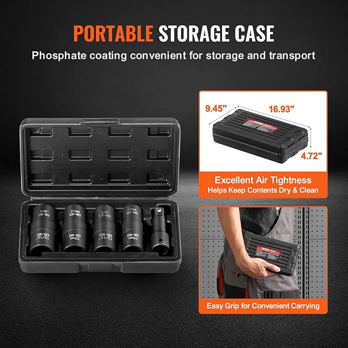 VEVOR Lug Nut Impact Socket Set - 4 Lug Nut Sizes 1/2 inch Drive Metric and SAE 6-Point Flip Socket CR-MO Steel Wheel Socket Set with Storage Case and Extension Bar for Auto Repair