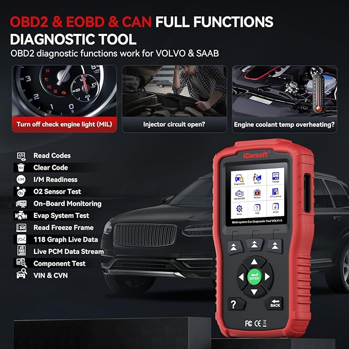 iCarsoft OBD2 Scanner for Volvo/Saab, VOL V1.0 All Systems in-Depth Diagnostic Tool, Oil/SAS Reset/Live Data, ABS Airbag Engine Transmission Code Reader 10 OBD2/EOBD/CAN Scan Tool