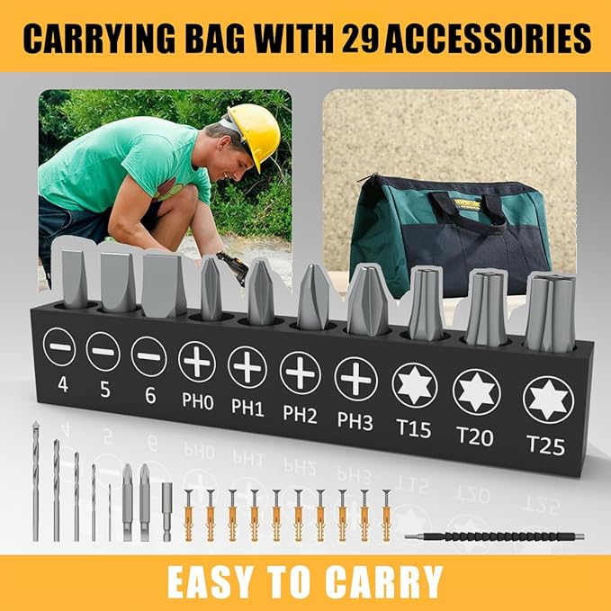 20V Cordless Drill, Power Drill Set with 2 Batteries and Charger,3/8-Inch Chuck Electric Drill Kit with 24-Torque Setting, Drill Driver Bits and Tool Bag Included…